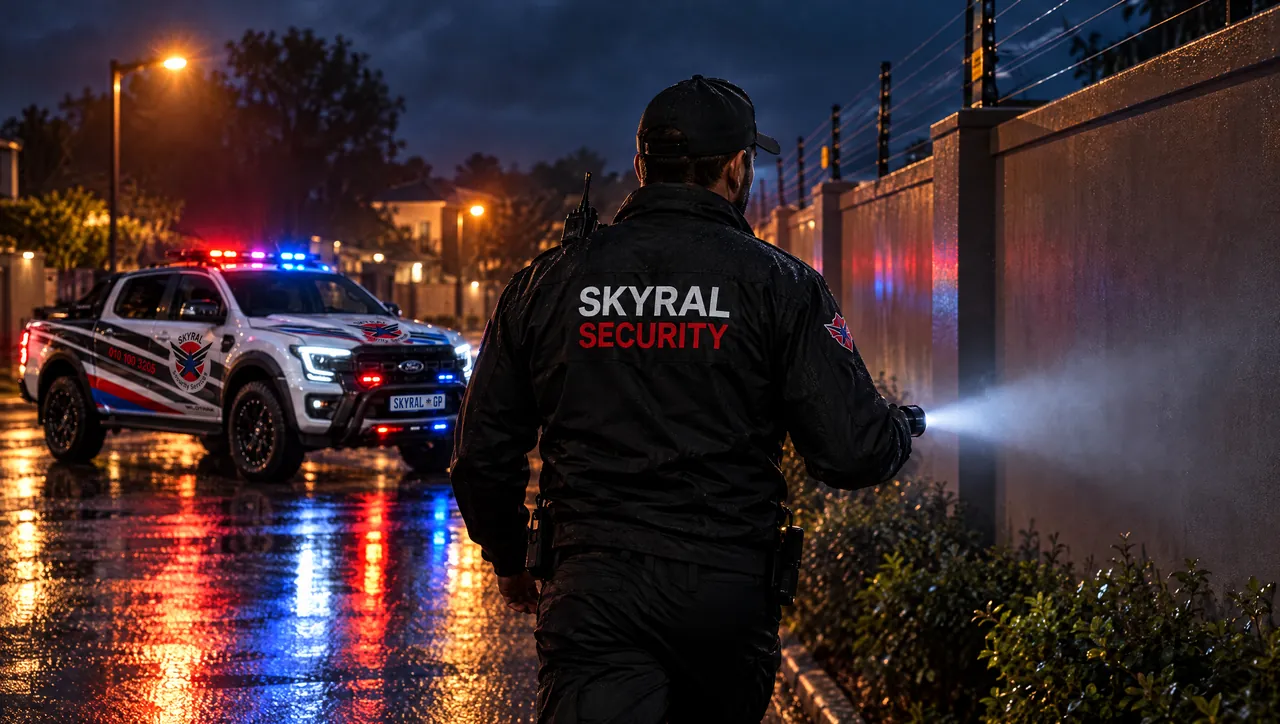 Skyral Security officer patrolling an estate perimeter wall at night, a Skyral patrol vehicle behind him