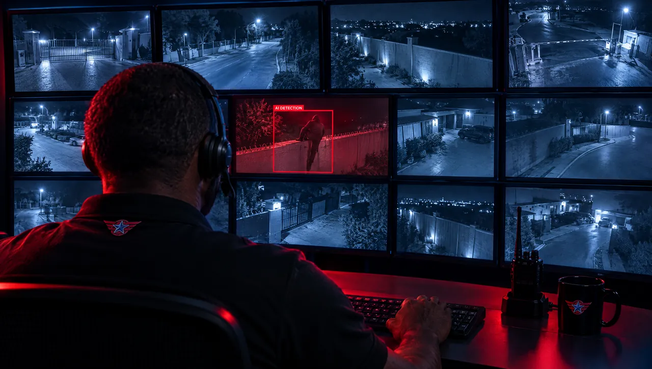 SkyCon operator watching live camera feeds, one flagged by AI detection