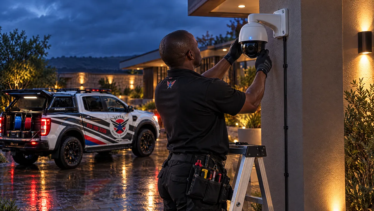 Skyral Solutions technician installing a PTZ camera at an estate clubhouse