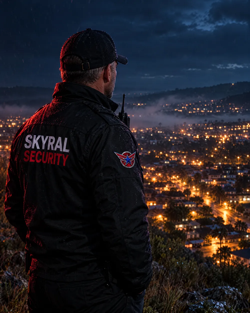 Senior Skyral Security officer overlooking a suburb at night