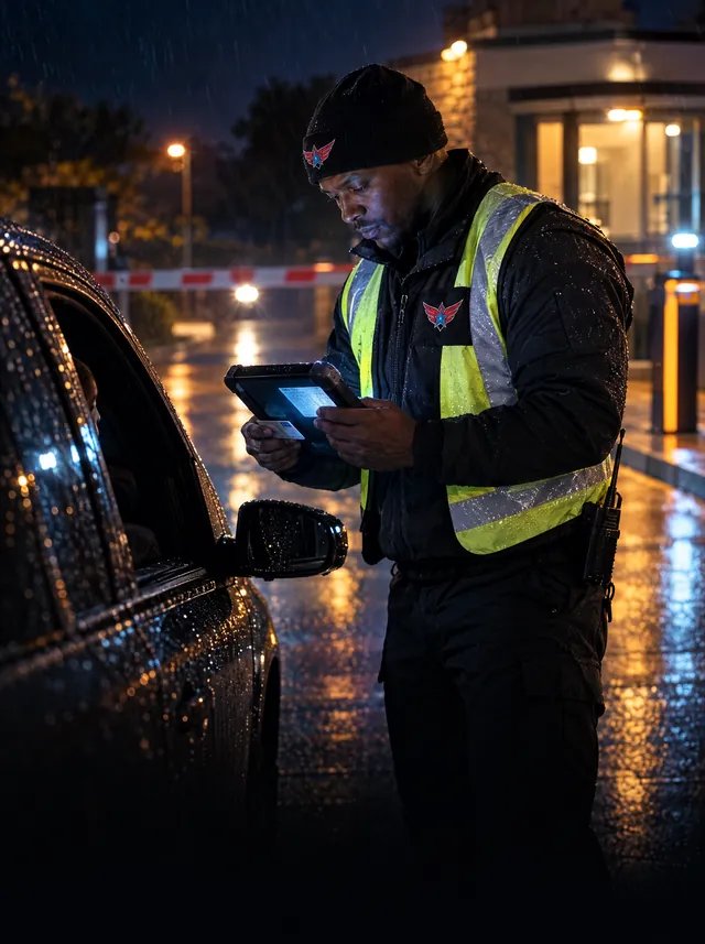 Skyral officer verifying a driver at an estate gate