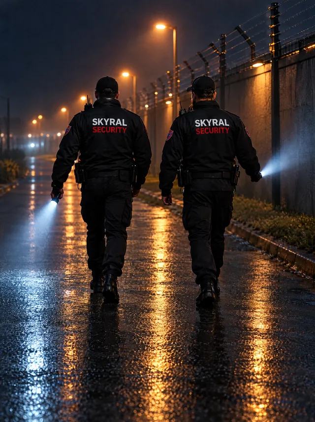 Two Skyral officers on foot patrol along a perimeter road