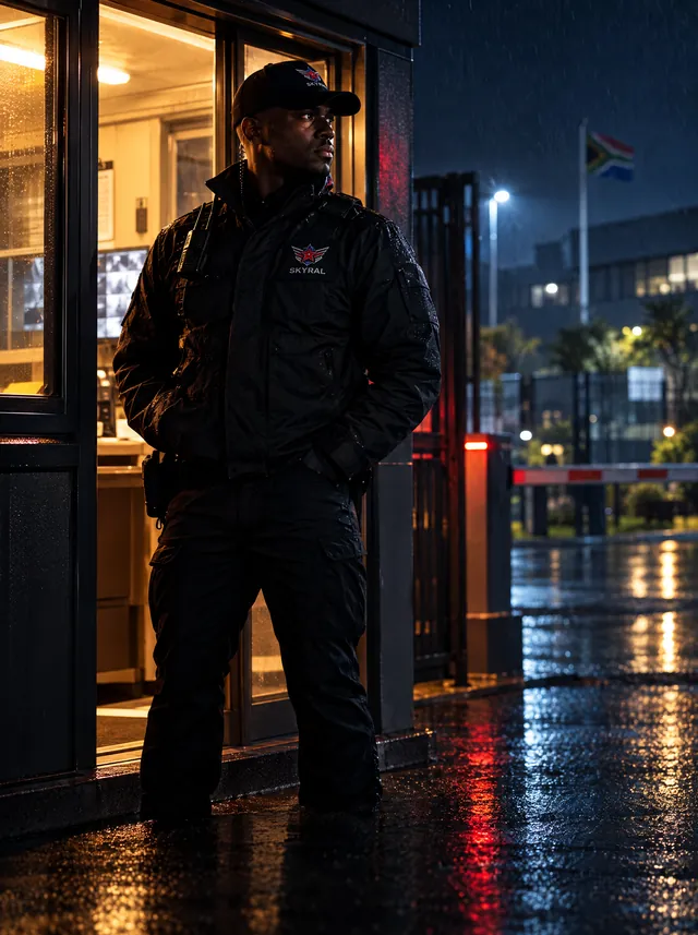 Skyral officer on static guard duty at a guardhouse