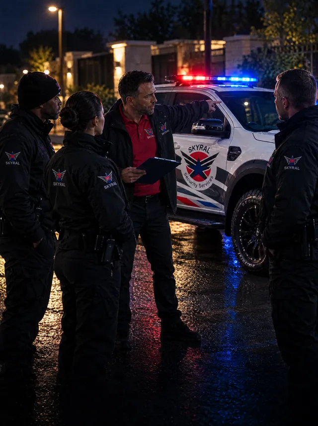 Skyral supervisor briefing officers beside a patrol vehicle