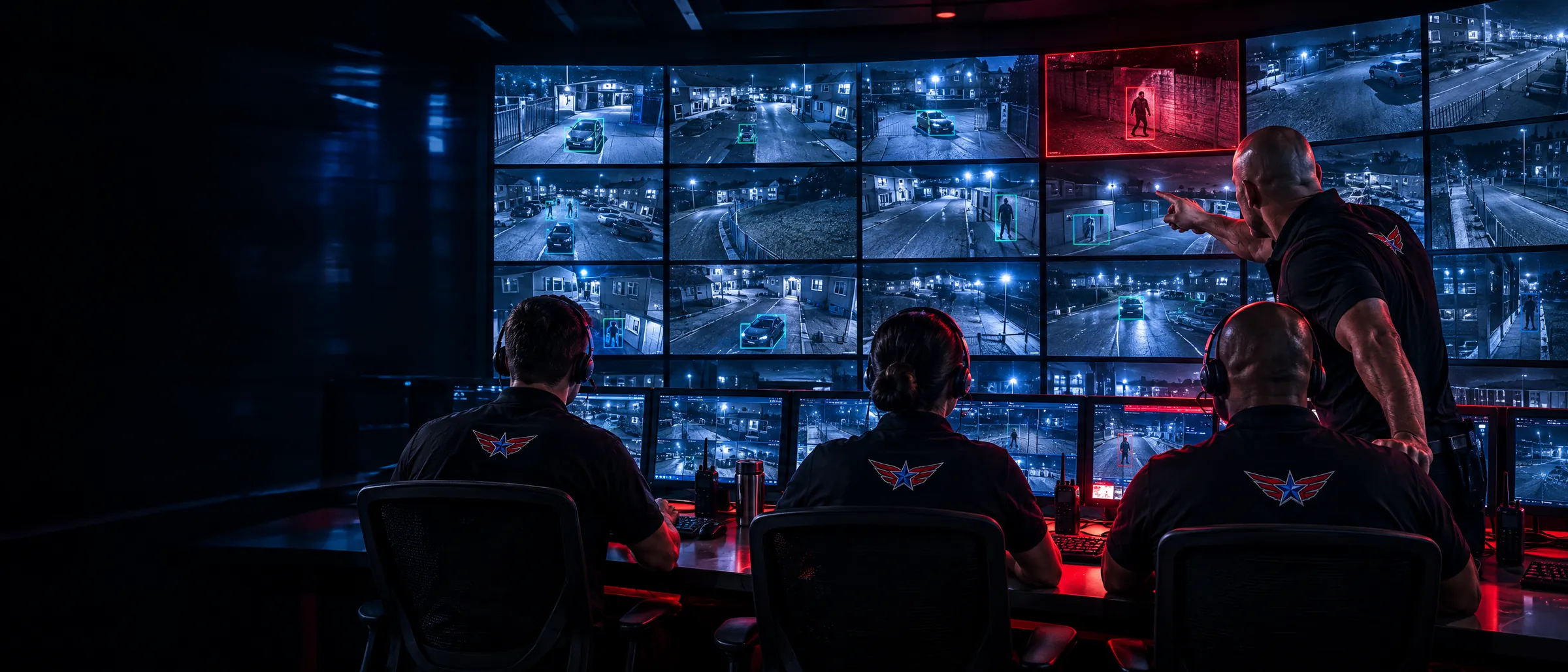 SkyCon control room: operators watching a video wall of AI-analysed camera feeds