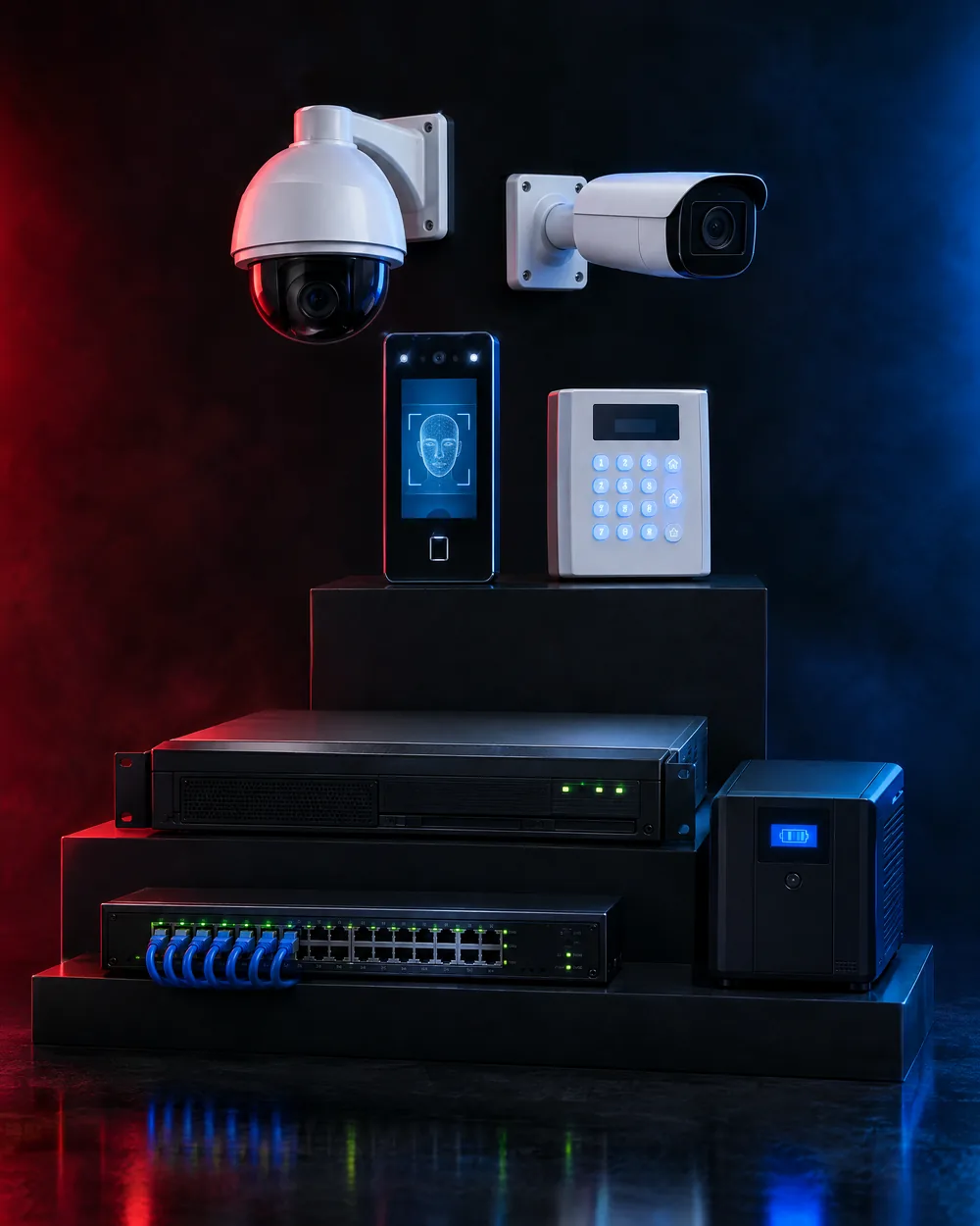 Security technology ecosystem: PTZ and bullet CCTV cameras, a facial-recognition access terminal, an alarm keypad, a network video recorder, a network switch and an inverter